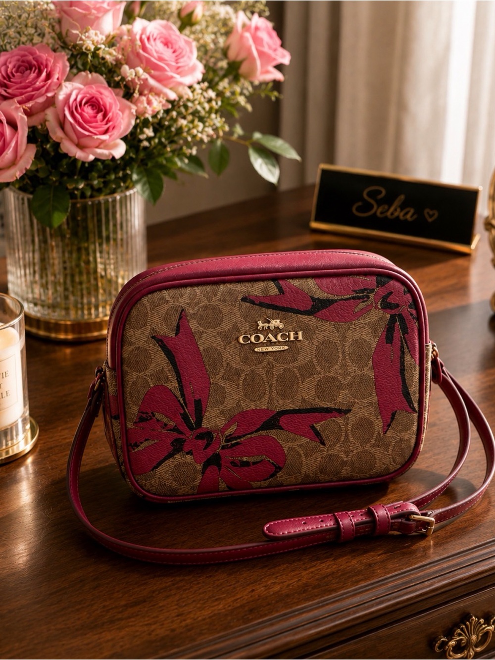 Coach Brown Signature Crossbody with Pink Floral Accents